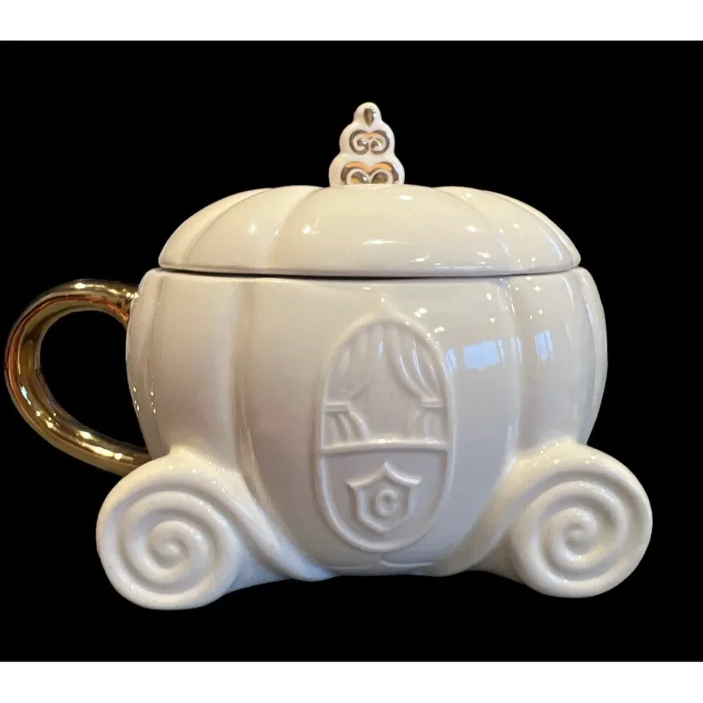 Hallmark Disney Princess Cinderella's Pumpkin Carriage White & Gold Mug W Lid